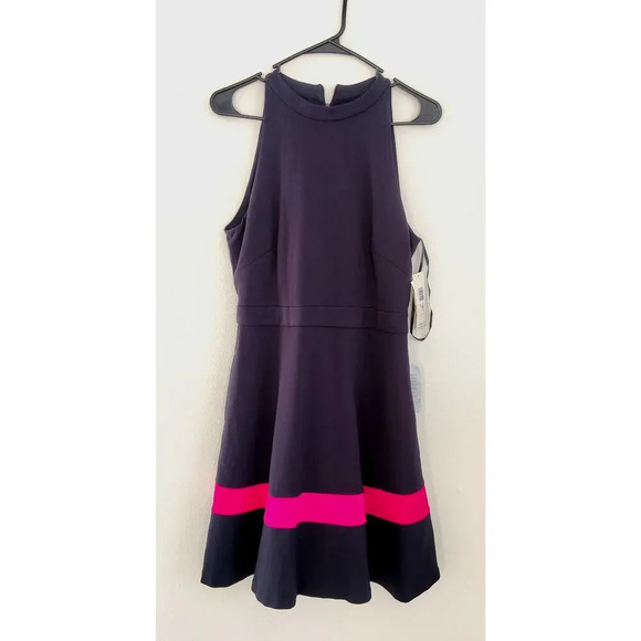 Eliza J Halter Fit & Flare Navy Blue Pink Cocktail Dress Sz 10 Sleeveless Party - Picture 3 of 6
